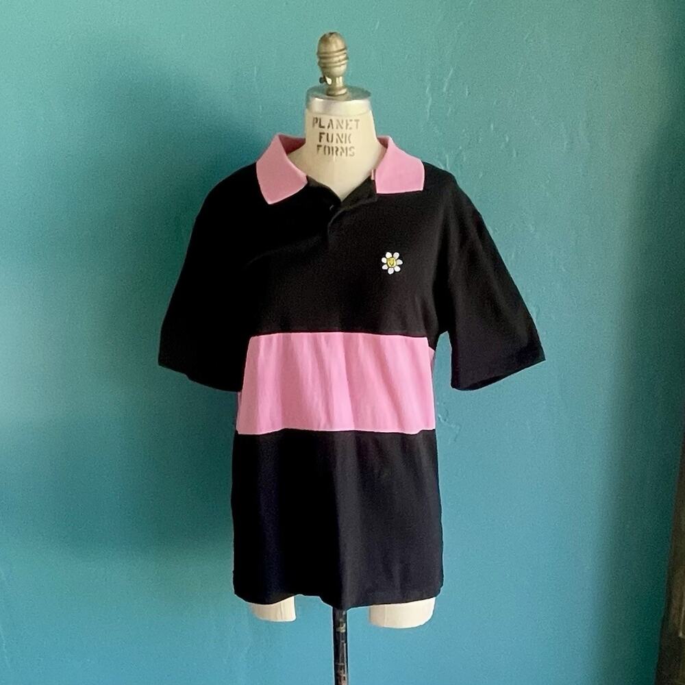A Lab Men's Polo Shirt Size M Black/Pink Colorblock Embroidered Smiley Flower